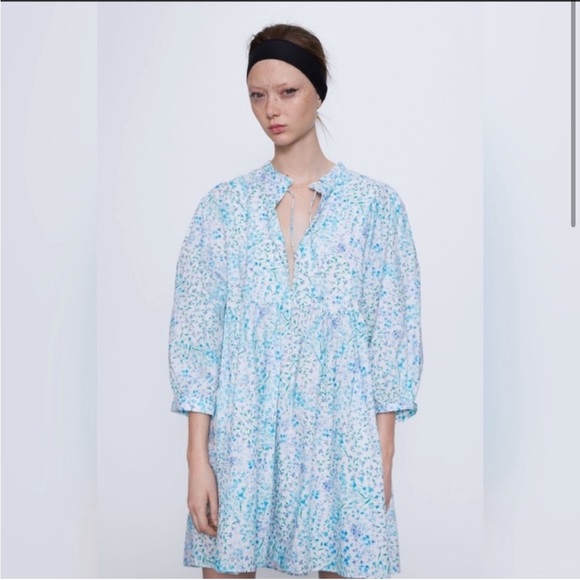 Zara Blue Floral Printed Poplin Babydoll Mini Dress - Picture 3 of 15